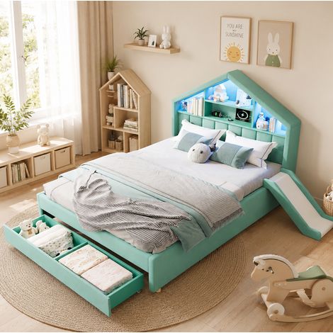 Letto cabina per bambini 140x200 cm con LED, porta di ricarica, scivolo reversibile e vano contenitore, velluto blu-verde (1/5)