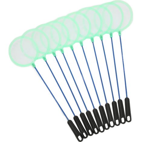 Lot de 10 petits filets de pêche légers en nylon à mailles fines avec poignée en plastique pour la capture de petits poissons et crevettes. (1/5)