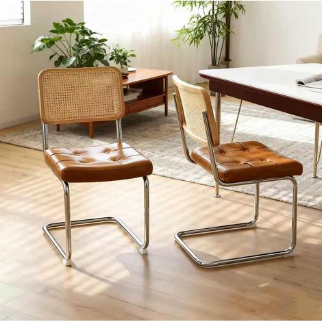 Freischwinger Esszimmerstuhl, verchromtes Stahlgestell, Rattan Rückenlehne, braun (1/5)