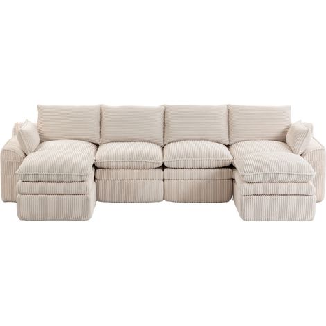 4-Sitzer modulares Sofa aus beigem Cordvelours mit 2 Hockern, Kissen und Taschen MODENUIT (1/5)