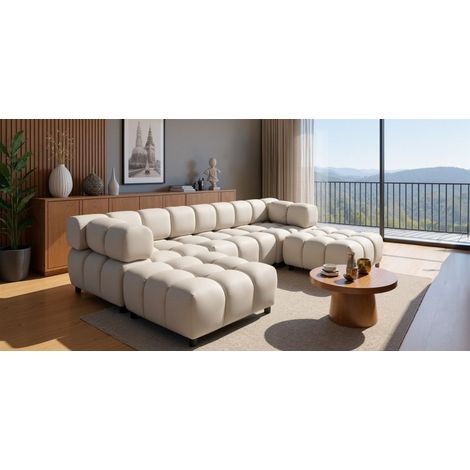 Sofa Designersofa FLOW 3-Sitzer inkl. 2 x Polsterhocker Stoff Bluvel Creme (1/5)