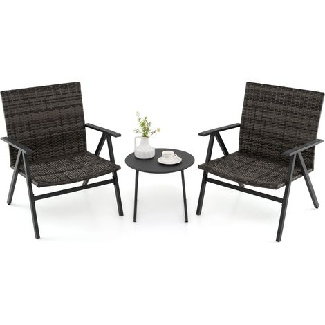 Ensemble de Bistro de Patio 3 Pièces, Fauteuils de Loisirs en Cadre Métallique & Table d'Appoint Ronde avec Siège et Dossier en Rotin (1/5)