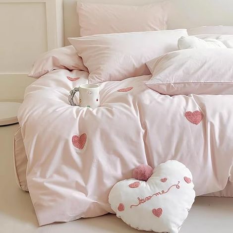 Housse de Couette 220x240 Rose Cœur Broderie avec Taie d'oreiller 65x65 (1/5)