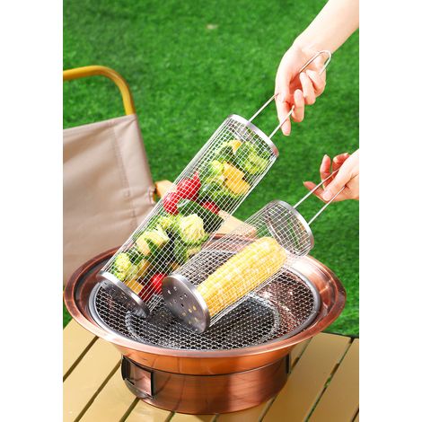 Filiyano-Panier à griller à roulettes, en acier inoxydable avec poignée amovible – Lot de 2, idéal pour le camping et le jardin. Dimensions :