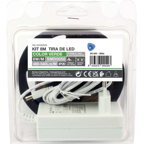 Kit de bande LED 8 m 6 W/m IP20 verte prête à l'emploi