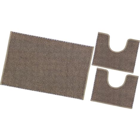 Tapis de Bain Set 3 Pieces Pur Coton Doux Lavable - Marron (1/5)