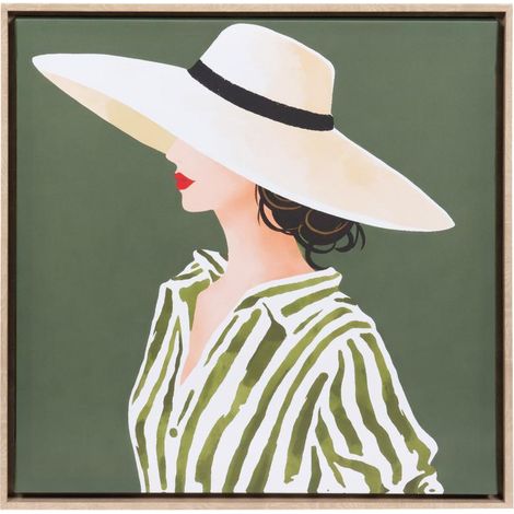 Amadeus - Toile imprimée femme au chapeau kaki cadre bois 60x60 cm (1/3)