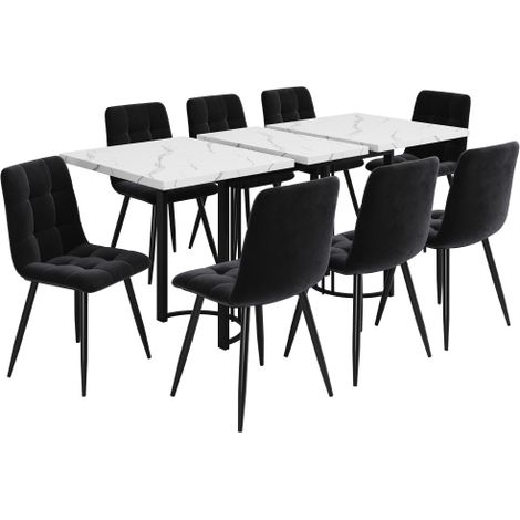 Ensemble repas 9 pièces table extensible pour 8 personnes (140×80 cm) avec 8 chaises table rectangulaire à structure métallique chaises en velours noir (1/5)