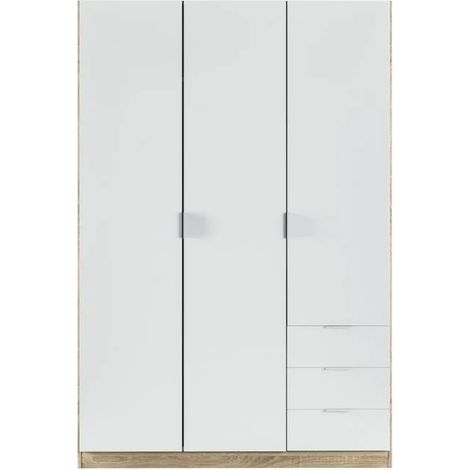 Armoire NINA 3 portes et 3 tiroirs L121 x H180 cm - Blanc / Bois - Blanc / Bois (1/5)