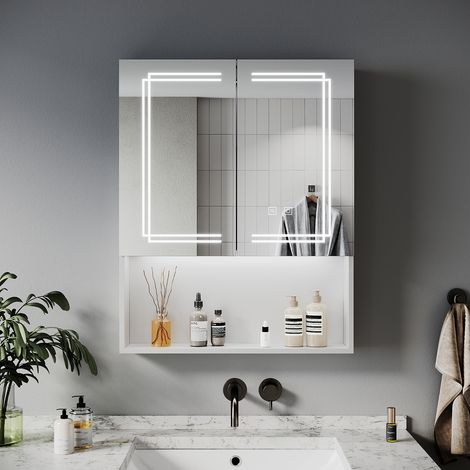 SIRHONA Armoire murale de salle de bain avec prise rasoir 3 modes d'éclairage 600x750mm Armoire de salle de bain design à rangement ouvert — vue 2
