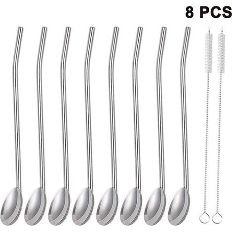 Cuillère à paille en acier inoxydable, paille réutilisable en métal, cuillère à paille en métal, ensemble de cuillères à cocktail avec paille, cuillère à latte macchiato (8 pièces) (1/5)