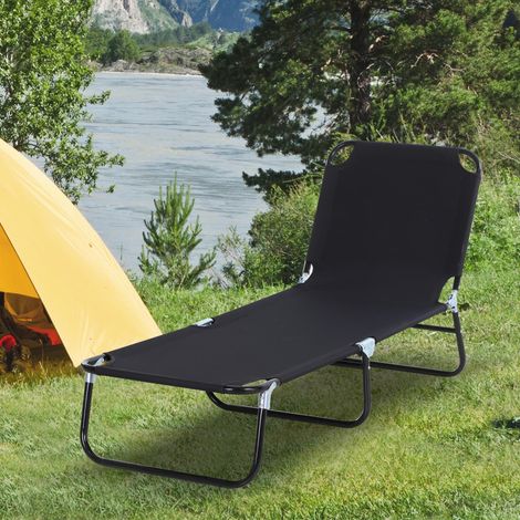 Transat inclinable pliable Outsunny avec 5 positions réglables, idéal pour le jardin, la piscine, la terrasse et le camping. Charge maximale : 120 kg. Dimensions : 188 x 56 x 28 cm. Couleur : noir.