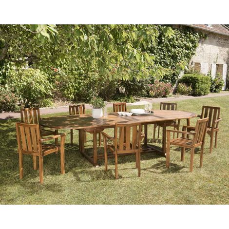 HANNA - Salon de jardin en bois teck huilé 10/12 personnes - 1 table ovale extensible 200/300120 cm et 8 fauteuils empilables (1/5)