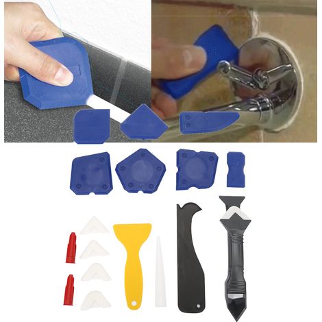 Kit de 18 outils pour calfeutrage : pelle à dissolvant pour mastic silicone, grattoir pour verre et ciment. (1/5)