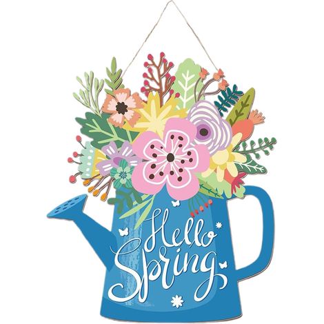 [Bouquet bleu] Décoration printanière Couronne de printemps pour la maison Panneau « Bonjour printemps » pour la porte d'entrée Objets décoratifs en bois Ambiance printanière (1/2)
