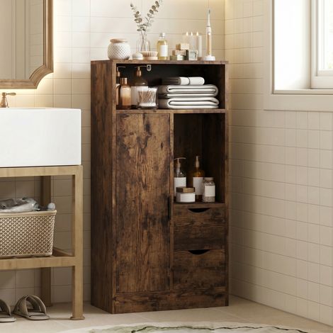 Meuble de salle de bain étroit avec tiroirs et compartiments ouverts, 50 x 25 x 100 cm, marron rustique (1/5)