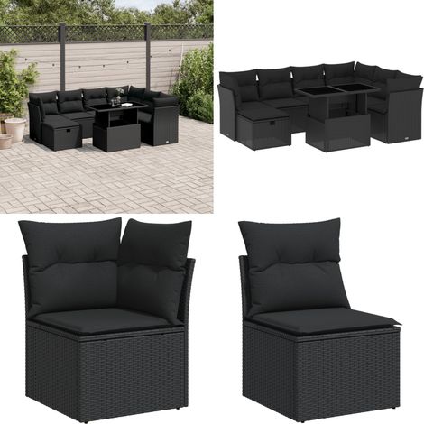 Salon de jardin 8 pcs avec coussins noir résine tressée - Ensemble Salon De Jardin - Mobilier De Jardin - Salon Extérieur - Table De Jardin Extensible - Chaise Lounge - Home & Living (1/5)