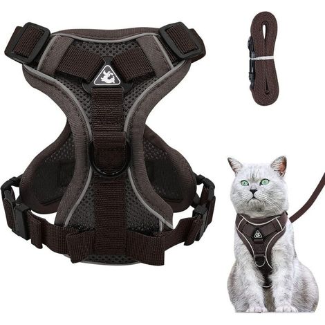 Harnais Chaton Réglable, Colliers Harnais et Laisses pour Chats, Refléchissant Gilet Respirant pour, Convient aux Chiots de Lapin Chatons (Brun-S)