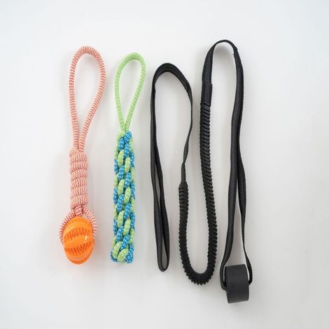 Jouet interactif pour chien à tirer avec corde élastique, nœud et double balle à mordre (intérieur). (1/5)