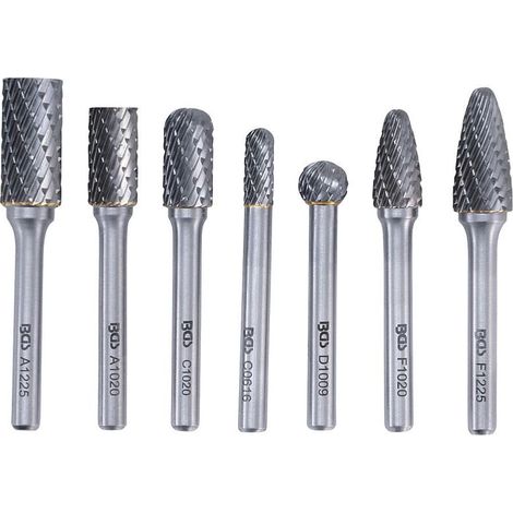 Bgs Technic – Coffret de 7 fraises carbure de tungstène – Fraises cylindriques et coniques – Pour métaux et aciers – Diamètre tige 6mm