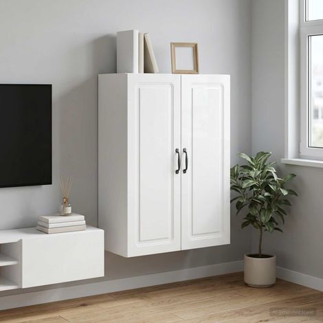 Armoire murale 2 portes, étagères réglables, bois aggloméré blanc brillant 66 x 34,5 x 90 cm - PANGIVO (1/5)