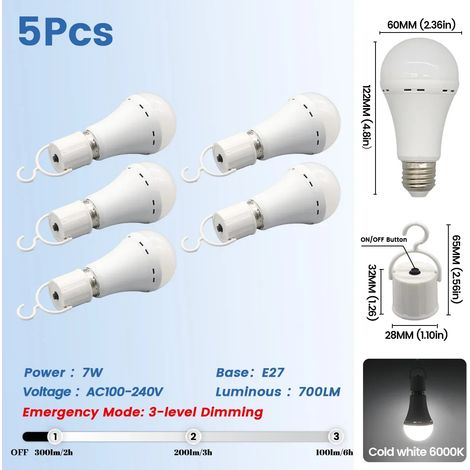 (5 ampoules, 7W) Ampoules LED rechargeables, E27, 1500mAh, pour une utilisation d'urgence, adaptées aux pannes de courant et au camping en plein air. (1/5)