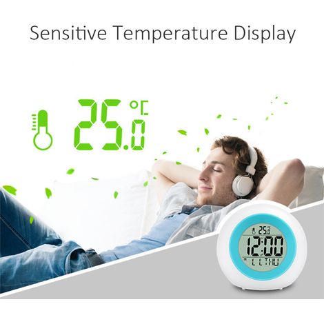 Multifunktionaler LED-Tischwecker mit 7 wechselnden Farben, digitaler Weckfunktion, Touch-Bedienung, Nachtlicht für Kinderbetten sowie Zeit- und Temperaturanzeige. (1/5)