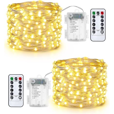 Guirlande Lumineuse Noel à Piles en Fil D'argent 10M 100 LED Lumière Violet avec Télécommande & Minuterie Etanche Décoration Intérieure Extérieure pour Noël Mariage Soirée (Lot de 2)