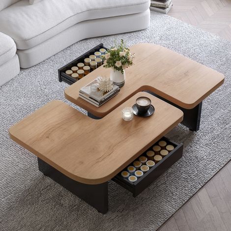 Mesa baja de 2 piezas con LED, 2 cajones, patas regulables, MDF, madera natural HAVRYA (1/5)