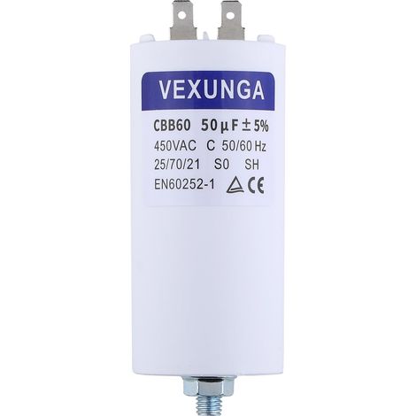 Condensateur de Démarrage Moteur 50uF 450V CBB60 Condensateurs Demarrage 50 MFD 450VAC 50x106MM Connecteur M8 50µF 50/60Hz pour Pompe Piscine Machine à Laver (1/5)