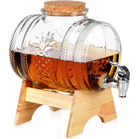 VILDE Distributeur de boissons avec robinet 3L - Verre épais - support en bambou - couvercle en liège - motif ananas (1/5)