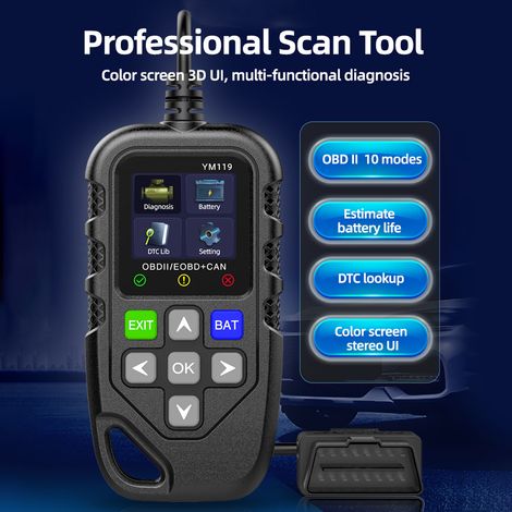 Scanner OBD II, lecteur de code d'erreur de moteur de voiture, testeur de batterie, outil de diagnostic CAN pour véhicules à essence 12 V, noir