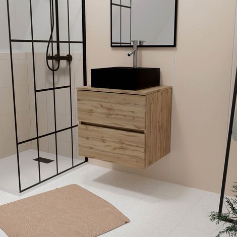 Mueble de Baño 80cm Cajones Roble Natural+Lavabo Cuadrado Negro 41x41x15cm