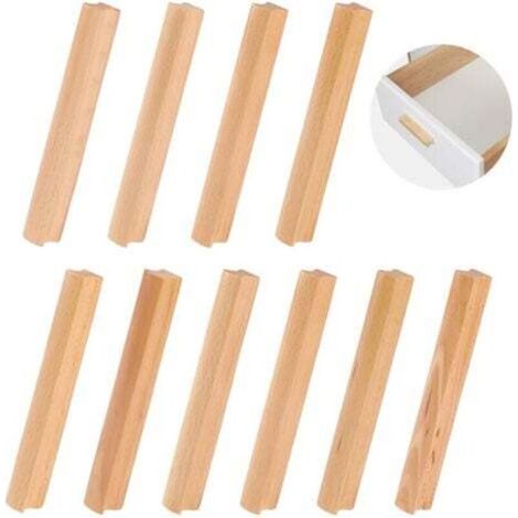 10 Pièces Poignee de Meuble en Bois, Poignée Bois pour Armoire, Espacement des Trous 128 mm de Poignée de Meuble Placards en Bois, Poignées de Cuisine en Bois Universelles pour Les Placards (1/4)