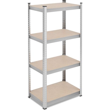 Relaxdays Schwerlastregal, HxBxT: 138x60x40 cm, 200 kg, Stahl, 4 Ebenen, Lagerregal, Keller, Garage, zum Stecken, silber