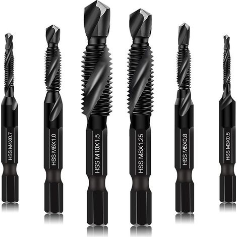 Lot de 6 forets et tarauds combinés - Outils de taraudage - Tailles M3 x 0,5 M4 x 0,7 M5 x 0,8 M6 x 1,0 M8 x 1,25 M10 x 1,5 avec revêtement noir antirouille, tige hexagonale de 6 mm et étui de (1/5)