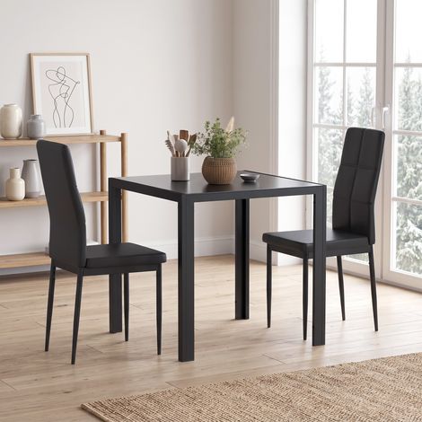 Ensemble table à manger et chaises pour 2 personnes, plateau rectangulaire en verre, pour cuisine salon maison, noir (1/5)