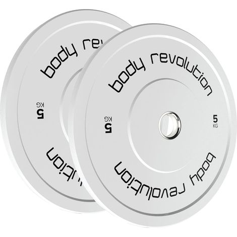 Body Revolution 2 x 5kg Disques Bumper Olympiques – Blanc codé IWF – Diamètre 45cm – Caoutchouc dense avec insert en acier – Compatibles barres olympiques 50mm – Paire musculation