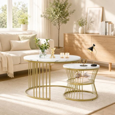 Lot de 2 tables basses gigognes rondes 70/45 cm, plateau aspect marbre blanc, structure métal doré design moderne chic, montage facile table de salon déco intérieur (1/5)