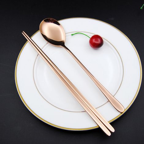 Ensemble de Cuillère et Baguettes en Acier Inoxydable 304 Style Coréen Cadeau de Noël (Couleur Rose) (1/5)