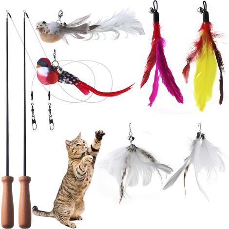 Jouet interactif pour chat - Avec 2 cannes à pêche, 2 oiseaux et 4 plumes - Jouet intelligent avec plumes (1/5)