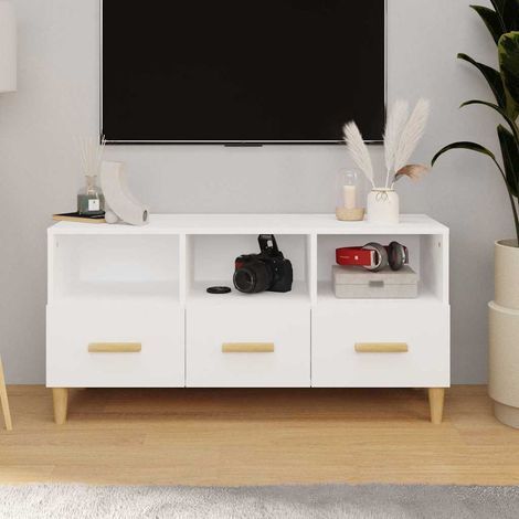 vidaXL Mueble de TV madera contrachapada blanco brillo 102x36x50 cm (1/5)