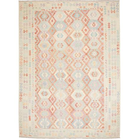 Tapis kilim 257 x 345 cm, géométrique, multicolore, crème et rouge, en laine naturelle, artisanal d'Afghanistan (1/5)