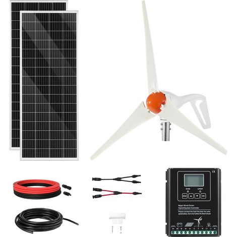 Kit d'Énergie Éolienne et Solaire 12 V 400 W, 2 Panneaux Solaires Monocristallins 100 W, avec Éolienne 200 W, Contrôleur de Système Hybride MPPT pour Hors Réseau, Camping-car, Bateau, Maison (1/5)
