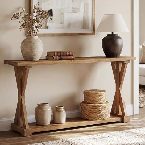 Tribesigns Solid Wood Console Table for Entryway, 63-Inch Narrow Farmhouse Entryway Table with Storage, 2-Tier Sofa Console Behind Couch, for Living Room, Hallway, Easy Assembly, Rustic Brown