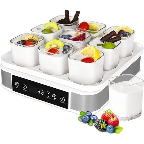 Yaourtière Électrique, Machine à Yaourt avec 9 Pots en Verre de 170ml, Yaourtière Pratique et Compacte, avec Minuterie, Thermostat Réglable et Écran LED, 40 W, pour des Desserts Maison Sains (1/5)