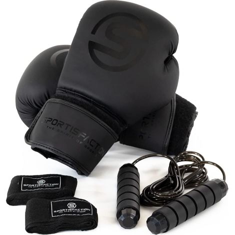 Boxhandschuhe 8oz Set inkl. Bandagen & Springseil Schwarz
