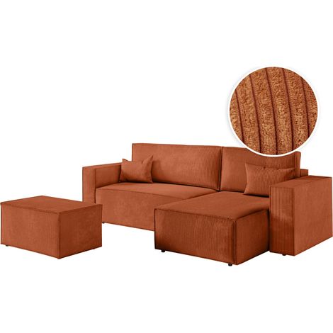 PACK - CLARISSE - Canapé d'angle convertible réversible avec pouf en velours côtelé - Terracotta (1/5)