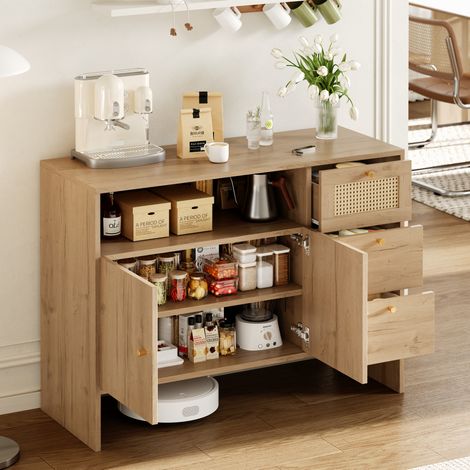 Sideboard 105x40x76 cm Natur Spanplatte mit Rattanfronten, 2 Türen, 3 Schubladen und offenem Fach (1/5)