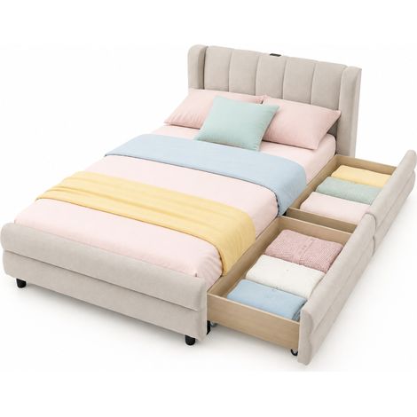 CHICFURN Cama individual 90x200 cm de chenilla beige con almacenaje lateral y USB, sin colchón (1/5)